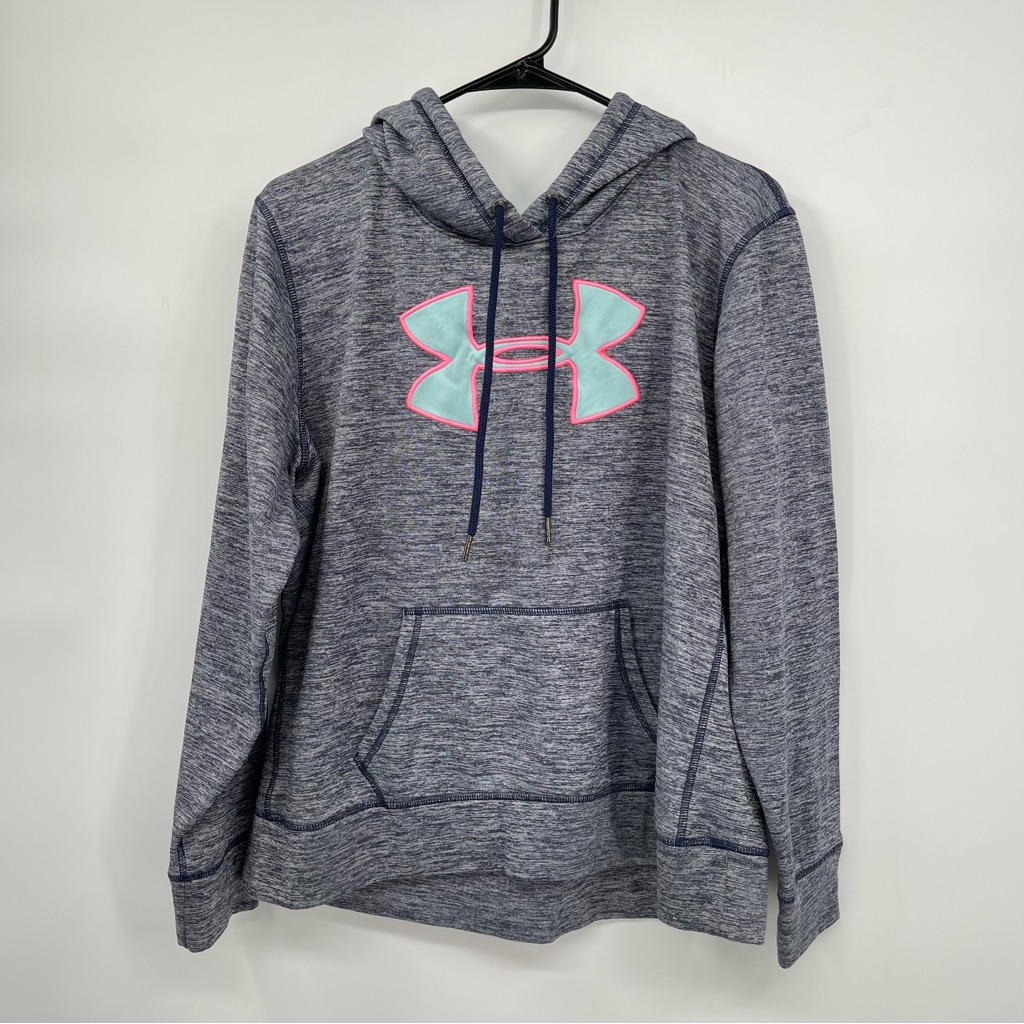 Under Armour Large Hoodie Women Navy Blue Space Dye Pink Logo Pullover